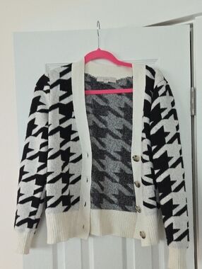 LOFT Black and White Houndstooth Cardigan Sweater